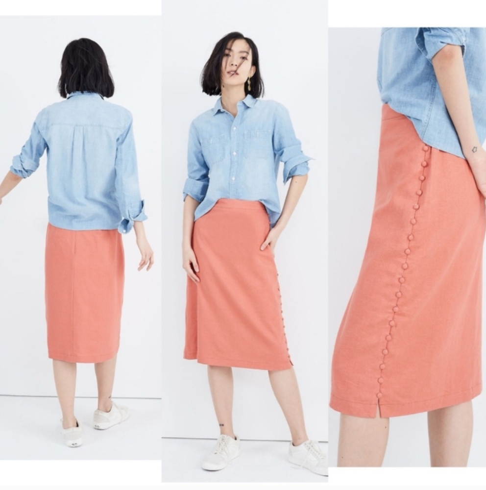 EUC Madewell Women's linen blend button slit Midi Skirt, Salmon Coral Pink, 0